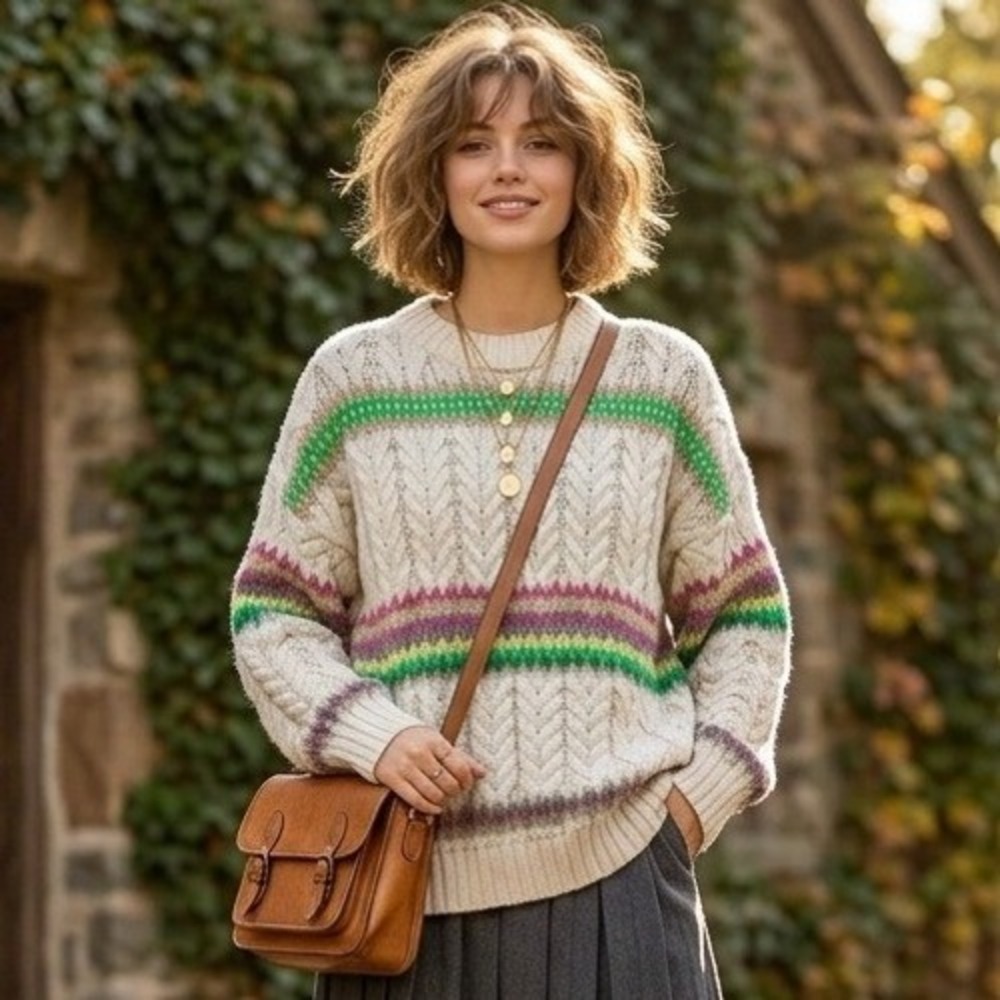American Eagle Cable Knit Sweater Womens Small Cream Fair Isle Chunky Oversized